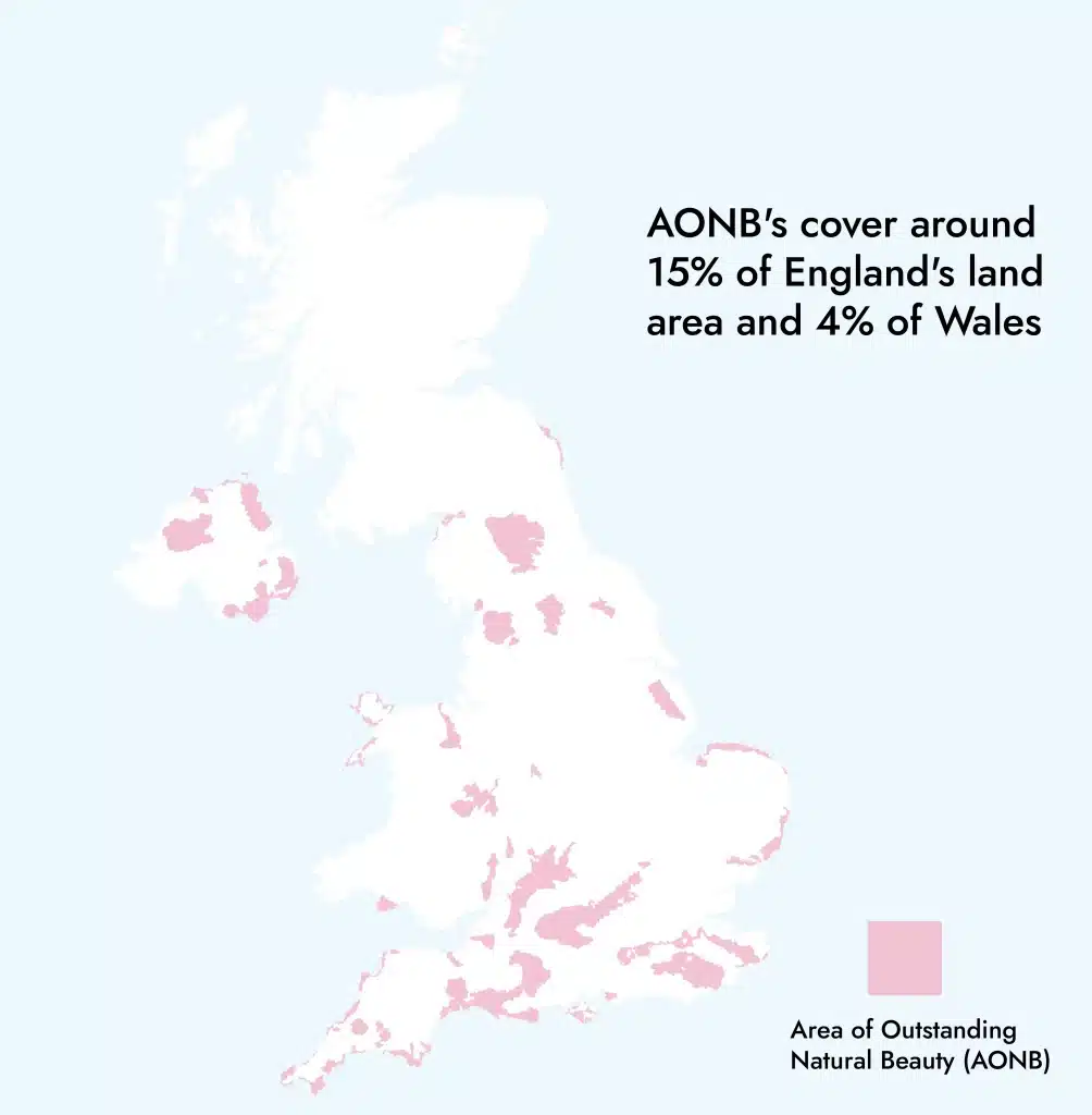 A map of UK with AONBs in pink and where Garden Room Planning Permission is required