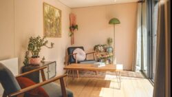 Wide interior of Little Green Room in sunlight