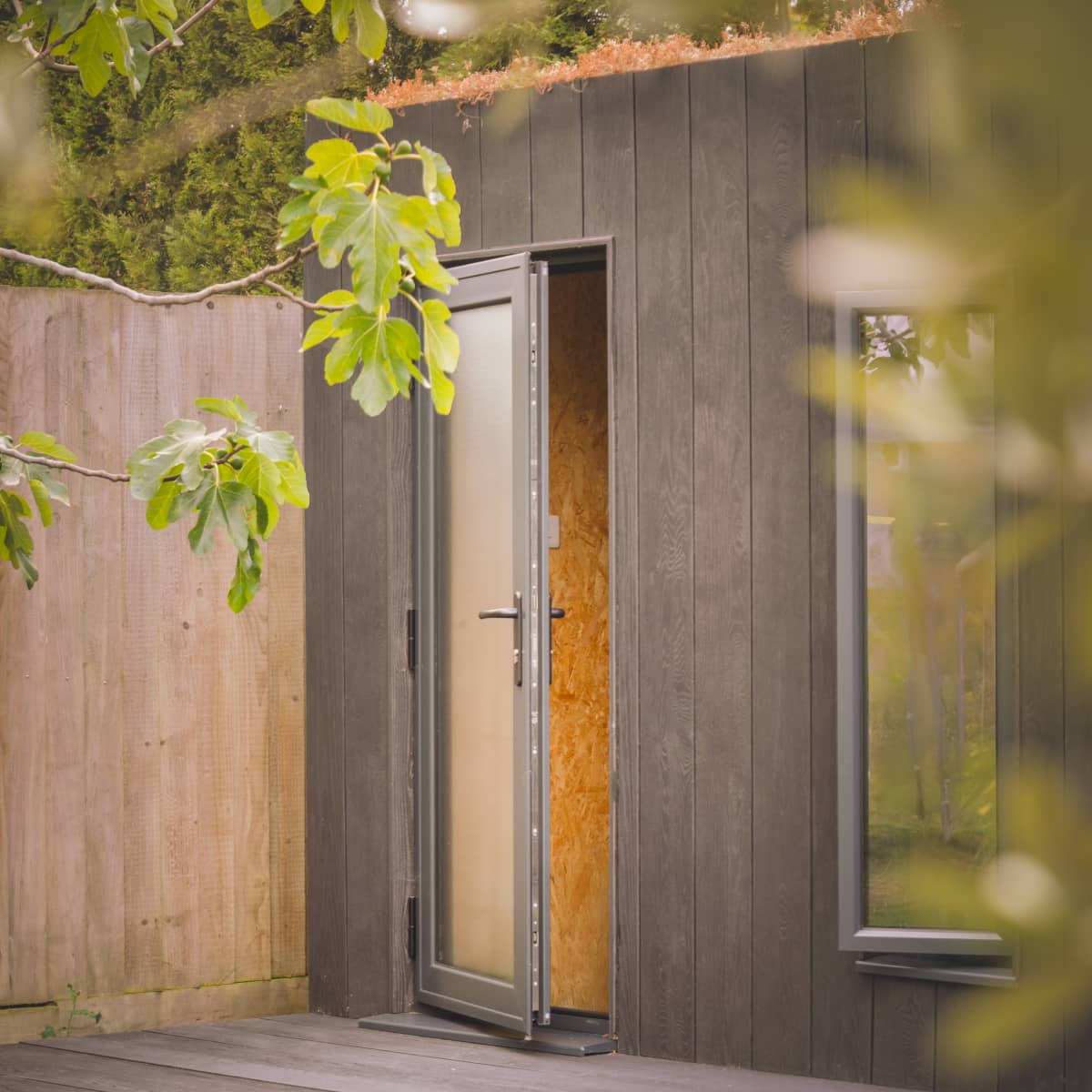 Little Green Room with anthracite frames and burnt cedar cladding and decking.